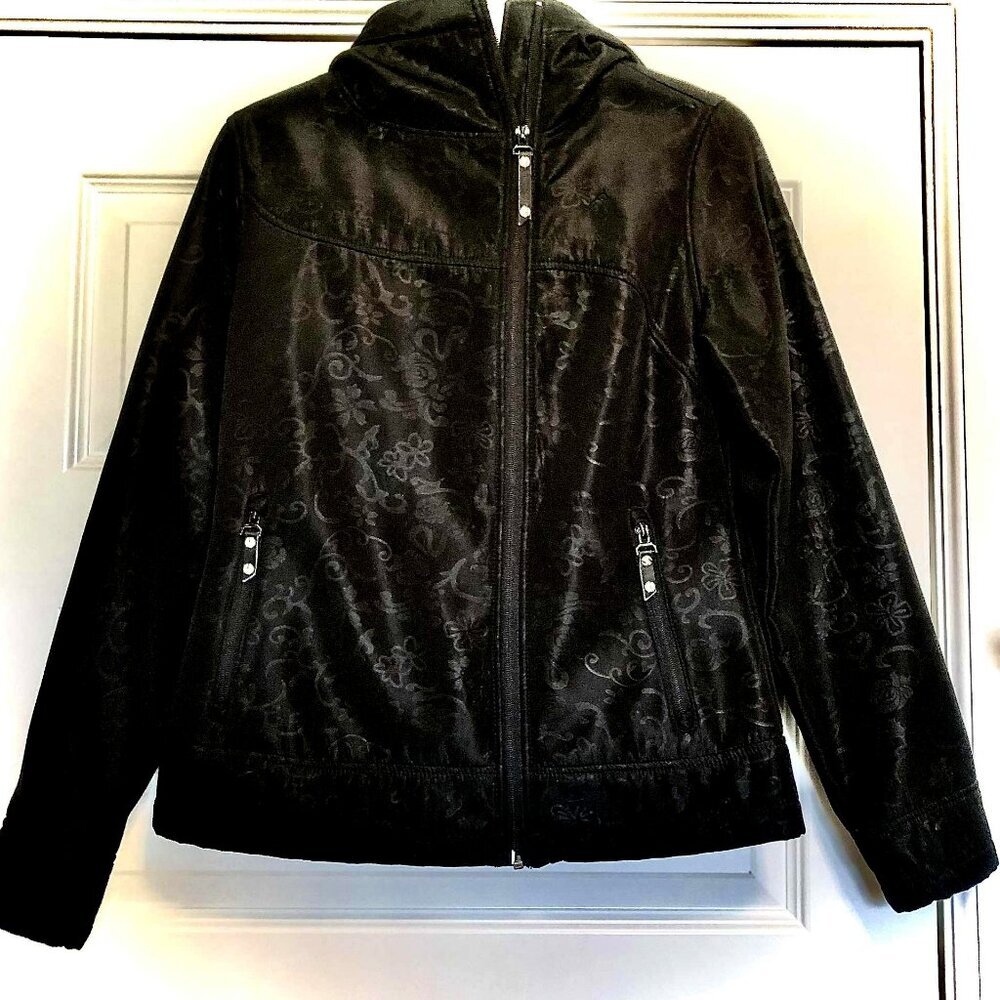 New VERTICAL"9 Black Floral Jacquard Hooded Ski Bomber Jacket Fleece Lined M